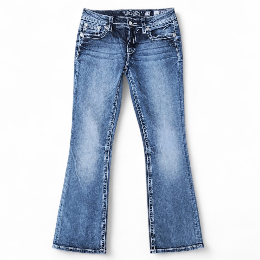 Miss Me Signature Boot Jean 28 Bootcut Angel Wing Pockets Stretchy Inseam 31.5" - Picture 2 of 14